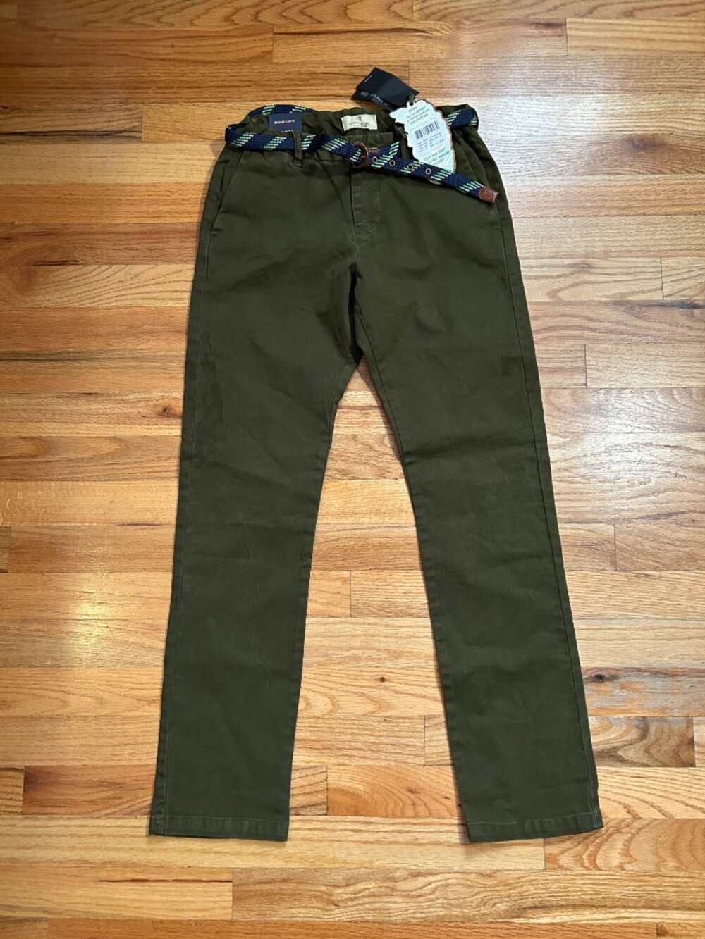 NWT Boys Scotch & Soda Olive Green (Item-2) Trouble Maker Belted Chino Pant 12